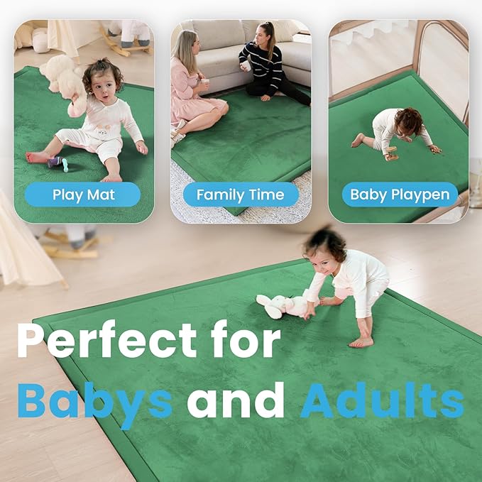 1.3" Thick Baby Floor Play Mat, 59x79 Padded Foam Tummy Time Crawling Mat, Non-Slip Water-Repellent Soft Plush Nursey Area Rug for Playroom Bedroom Living Room (Emerald)