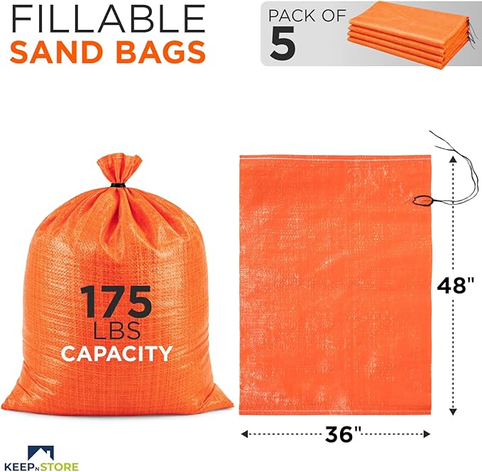 Heavy Duty Sand Bags Pack of 5, Bright Orange Empty Sandbags with Built-In Ties, Woven Polypropylene UV Protection 1600 Hours, Fillable Bags for Flood Control, Weight, 36x48 inches, 175 Pounds Volume