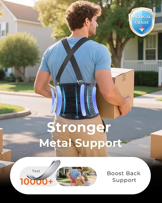 Ultra Breathable Work Back Brace for Men & Women [Upgraded Medical-Grade Support] Lower Back Support Belt with Removable Suspenders - Pain Relief for Lifting, Warehouse, Construction, Moving