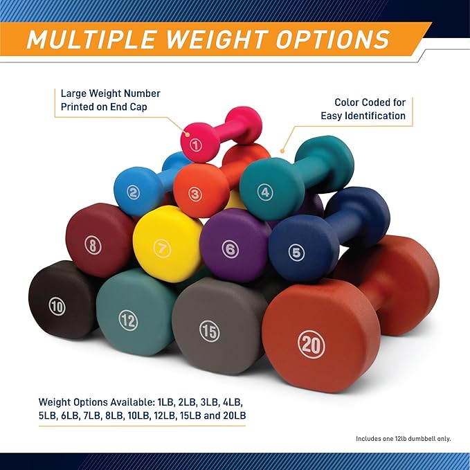 Marcy Colored Neoprene Dumbbell (Sold in Singles or Set) Hand Weights, Exercise Free Weights for Home Gym