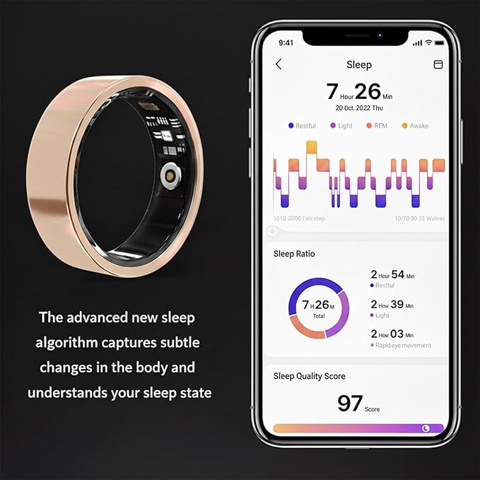 Smart Ring for Women Men, Fitness & Health Tracker with Vital Signs Monitoring, Sleep Tracker, Remote Photography, No Subscription(Gold,10#)
