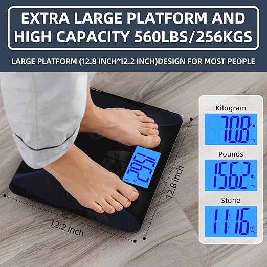 Scale for Body Weight 560lbs MPBEKING High Capacity Bathroom Scales Extra Large Platform Accurate Weighing Scale LCD Backlit Display with Tape Measure & 4 AAA Batteries (Black)