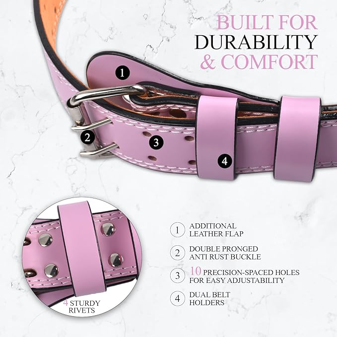 Leather Gym Fitness Belt, 4" & 6" Padded Lumbar Back Support, 10 Adjustable Holes for Weightlifting Powerlifting Bodybuilding Deadlift Squat Workout Strength Training