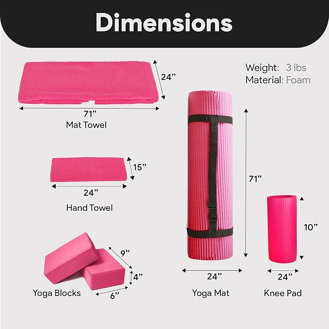 BalanceFrom 7-Piece Yoga Set with 71x24x0.5 Inches Extra Thick Mat and Carrying Sling – Includes 2 Blocks, Stretch Strap, 2 Towels, and Knee Pad for Home, Studio, and Gym Workouts