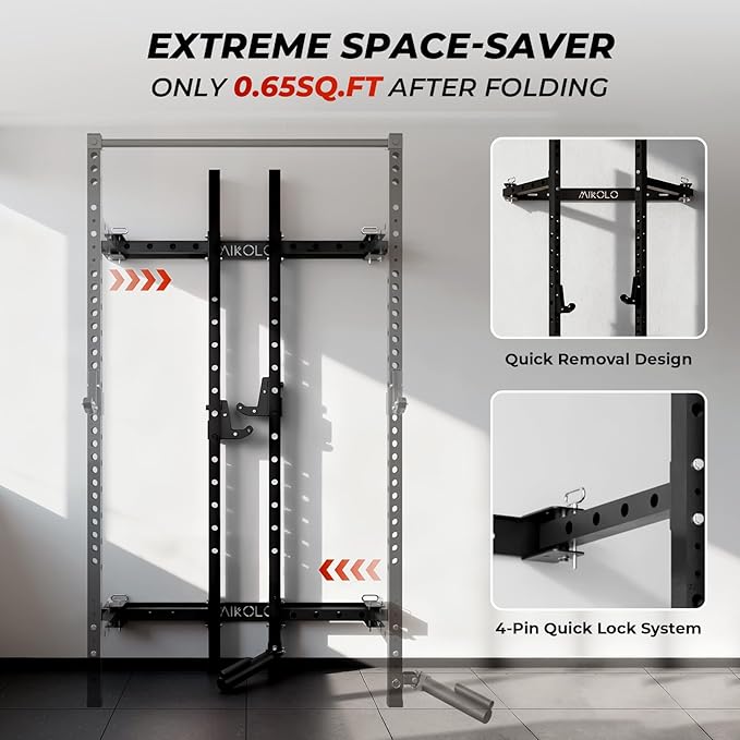 Mikolo 2" x 2" Folding Wall Mounted Squat Rack, 1000 Pounds Capacity Power Rack with Pull Up Bar, J Hooks and Other Attachments, Space-Saving Home Gym
