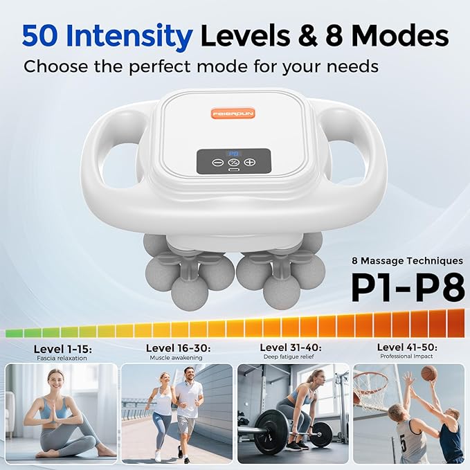 FEIERDUN 16-Head Massage Gun Set, Deep Tissue Percussion Massager with 8 Modes & 50 Intensities, Portable Quiet Muscle Massage Gun for Legs, Waist, Back, Neck, Buttocks Muscles Pain Relief, White