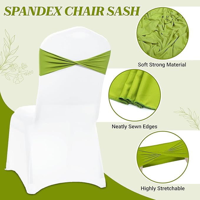 MDS Pack of 200 Spandex Chair Sashes Bows Elastic Stretch Dining Chair Bands Ties Without Slider Buckle Universal fits for Wedding Baby Shower Birthday Party Banquet Event Decoration - Apple Green
