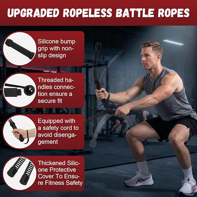 Portable Ropeless Battle Ropes, 2-in-1 Heavy Duty Cordless Battle Ropes for Home Gym (Convertible to Fitness Bar), Strength Building Workout Ropes, Low-Impact Aerobic Training and HIIT for Men & Women