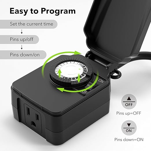BN-LINK 24 Hour Heavy Duty Mechanical Timer, Outdoor Timer Outlet Waterproof with 30 Minutes Intervals, 1 Grounded Outlets for Christmas Lights Pool Pump,15A 1/2HP, ETL Listed