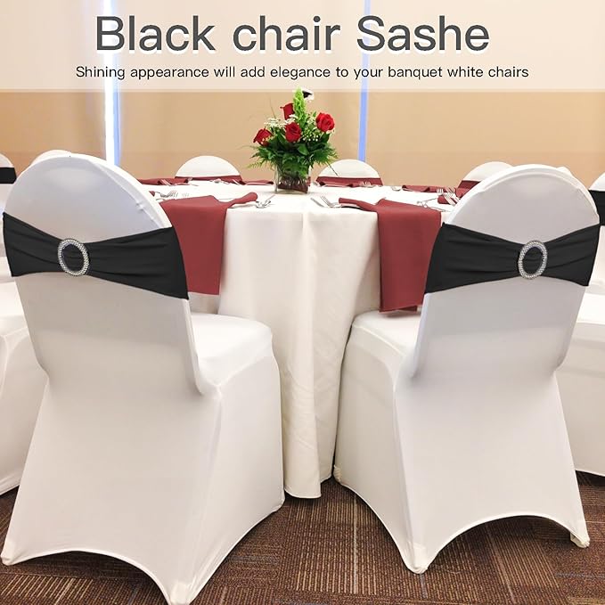 WJWHQ 100PCS Spandex Stretch Chair Sashes Bows Elastic Chair Cover Bands Ties with Buckle Slider for Wedding Party Reception Events Universal Ceremony Banquet Decorations(Black)