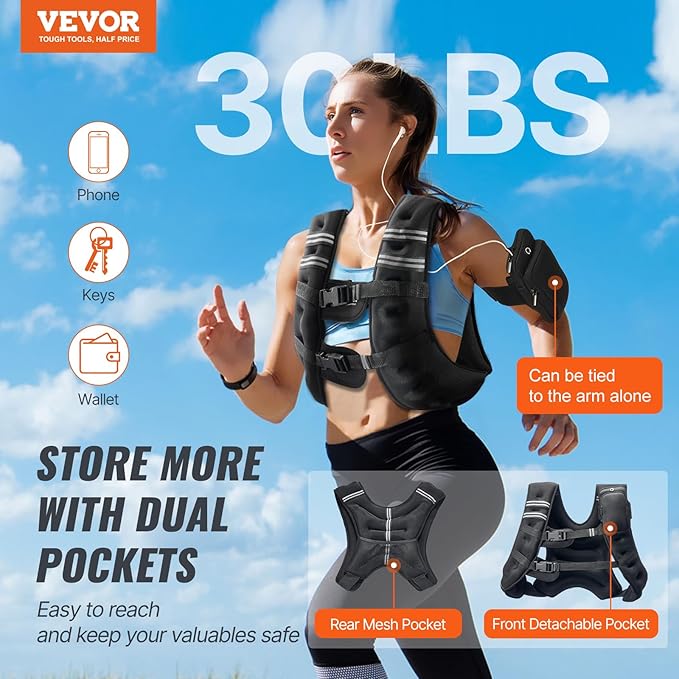 VEVOR Weighted Vest, 12/16/20/30 lbs Weight Vest with Reflective Stripe, Adjustable Buckle Body Weight Vest, Workout Equipment for Strength Training, Running, Jogging, Fitness, and Weight Loss