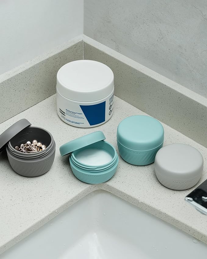 TakeToday Travel Containers for Toiletries, Leak-Proof, TSA Approved, Refillable Silicone Cylindrical Cream Jars with Lid for Cosmetic Toiletry, 3oz, 4 Pack, Grey