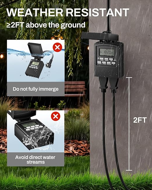 BN-LINK 7 Day Outdoor Heavy Duty Digital Programmable Timer, Outdoor Timer Outlet Waterproof, 2 Grounded Electrical Outlets for Christmas Lights, 15A 1/2HP,ETL Listed（2 Pack）