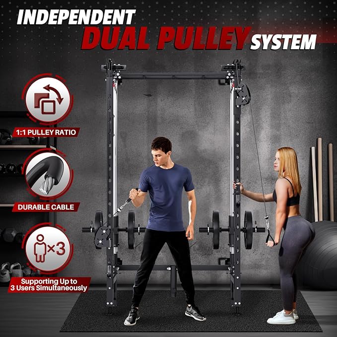 Folding Squat Rack, Wall Mounted Power Rack with Cable Crossover Machine & LAT Pull Down Multi-Function Space-Saving Power Cage with 7 Adjustable Modes/Dual Pulley System/Pull-up Bar/360°Landmine