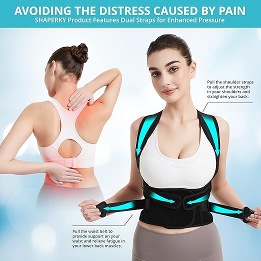 SHAPERKY Posture Corrector for Women for Support: Back Brace for Full Back Support - Adjustable Shoulder Straightener for Women and Men (Black, Medium)