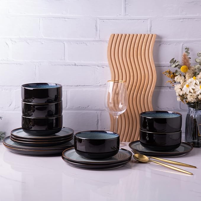 LERATIO Ceramic Plates Set of 6, 8.5 Inch Reactive Glaze Light Weight Porcelain Salad Plates,Modern Shape Dinnerware Dishes Set for Kitchen,Microwave&Dishwasher&Oven Safe,Resistant-Gray Blue