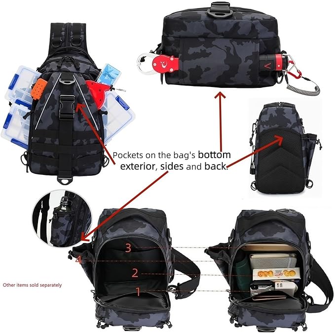 Mint & Moss Tactical Backpack for Men Water Resistant Tackle Backpack with Rod Holder & Tackle Box Kit, Lightweight Sling Fishing Bag for Trekking Survival Camping Fitness Travel (Camo)
