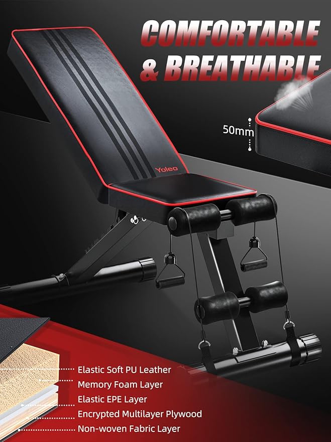 Yoleo Adjustable Weight Bench - Utility Weight Benches for Full Body Workout, Foldable Flat/Incline/Decline FID Bench Press for Home Gym