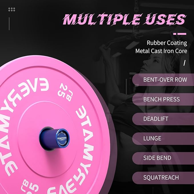EVERYMATE Pink Weight Plates 10LB 15LB 25LB 35LB 45LB Olympic Bumper Plates Grip Weight Plates for Strength Training & Crossfit Steel Inserts Weight Plates Fit 2" Barbells Virgin Rubber Weights