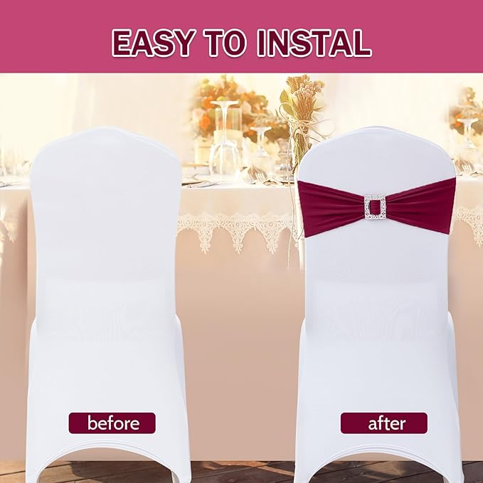 Joccun 30 PCS Spandex Chair Sashes Bows Stretch Chair Cover Band with Buckle Slider Universal Elastic Chair Ties for Wedding Banquet Party Event Decoration (Burgundy)