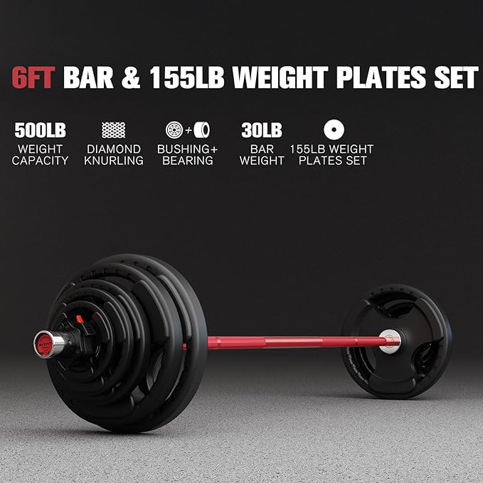 RitFit Barbell Weight Set - 4/6FT Olympic Barbell with Weight Plates (55-115LB Total) - Weightlifting Equipment for Squats, Curls, Deadlifts, Presses, Hip Thrusts