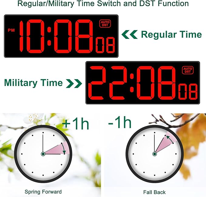 Soobest LED Digital Wall Clock, Large Digital Clock Bold Numbers with Seconds for Seniors Visually Impaired，Plug Electric Clock Dimmable Auto DST Large Display 10 Inches (Red)