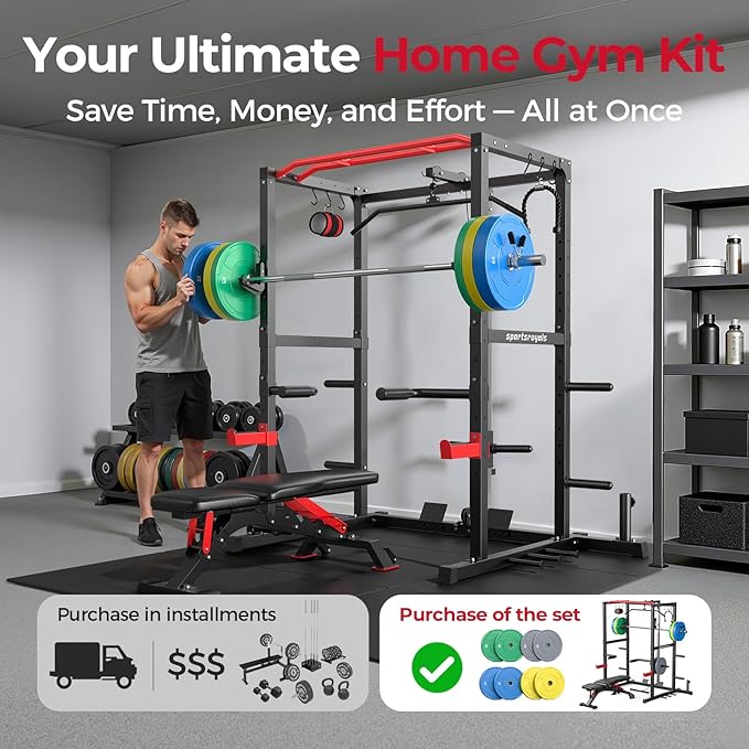 Sportsroyals Squat Rack, LAT Power Cage, Power Rack Multi-Function with Pulley System and Training Attachments for Home Gym
