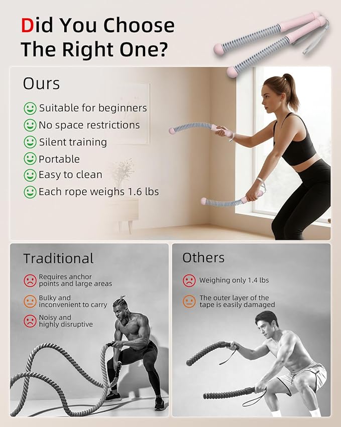 Abahub Weighted Ropeless Battle Rope, Portable Silent Home Workout Equipment, Space Saving Home Gym with Workout Gloves, HIIT and Low-Impact Aerobic Training for Men & Women, 2PCS Pink