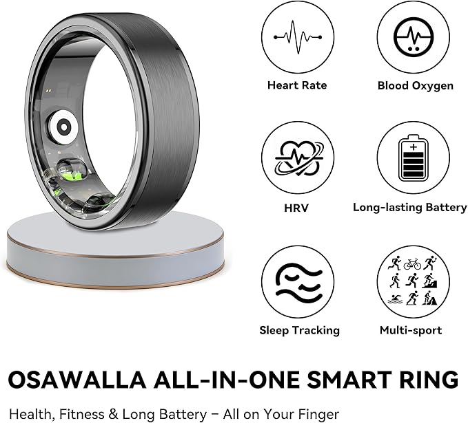 Smart Ring for Women Men,Fitness Ring with 24/7 Activity Tracking,Stress,Sleep Monitoring,No APP Subscription Fees,Compatible with iOS & Android, HarmonyOS Black, 7#