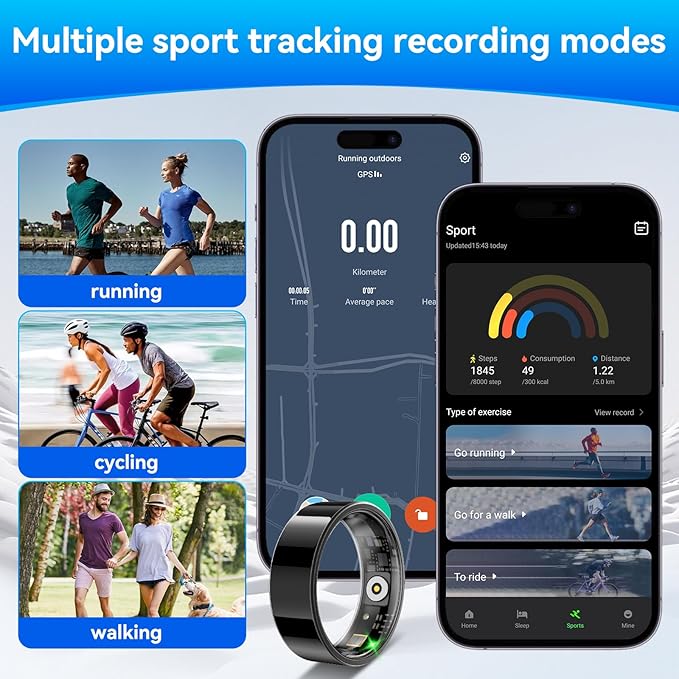 Smart Fitness and Activity Ring for Men and Women - Track Heart Rate Stress Sleep Steps and Blood Oxygen, 10ATM Waterproof Fitness Tracker for iPhone and Android, No Subscription Fee, Size 9