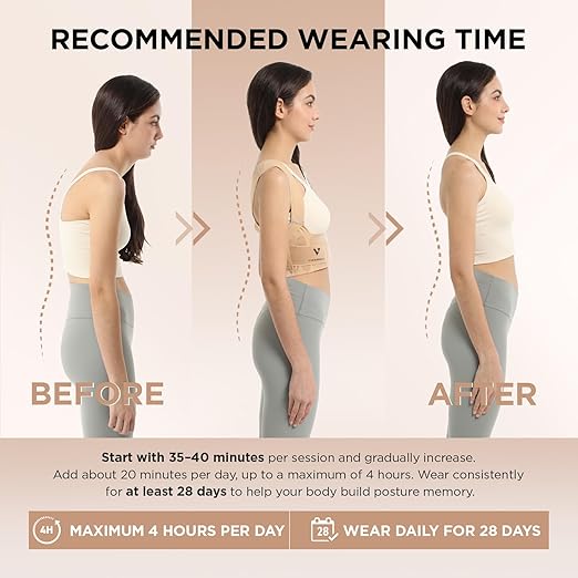 Vicorrect Adjustable Posture Corrector for Women: Comfortable Fit for Body Types - Invisible Under Clothes Wearable for Sitting and Exercise - Helps with Upper Back Shoulder Neck Pain (Beige, Medium)