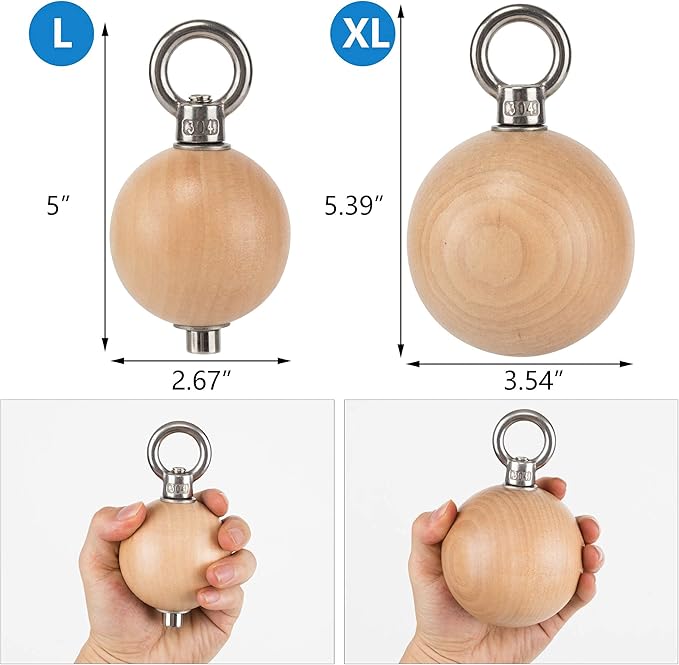 Wooden Pull Up Grips and Balls, Atomic Rock Climbing Holds Training Set,Grip Strength Trainer,Ninja Warrior Obstacle Course Handles and Rope.Suit(L/XL Ball(L/XL)