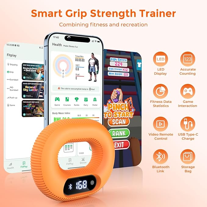 Grip Strength Trainer with Smart Bluetooth APP, Countable Hand Extension Exerciser for Muscle Building and Injury Recover, Portable Hand Exerciser at Office, School and Home Use, Silicone