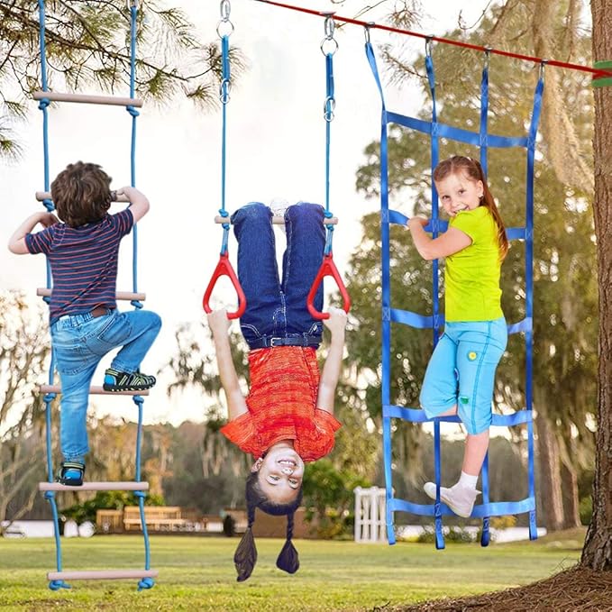 Ninja Warrior Obstacle Course for Kids Backyard - 2×50ft Slackline Kit with 10 Most Complete Accessories for Boys & Girls, Swing, Rope Ladder, Gymnastic Ring, Climbing Net, Arm Trainer and Monkey Fist