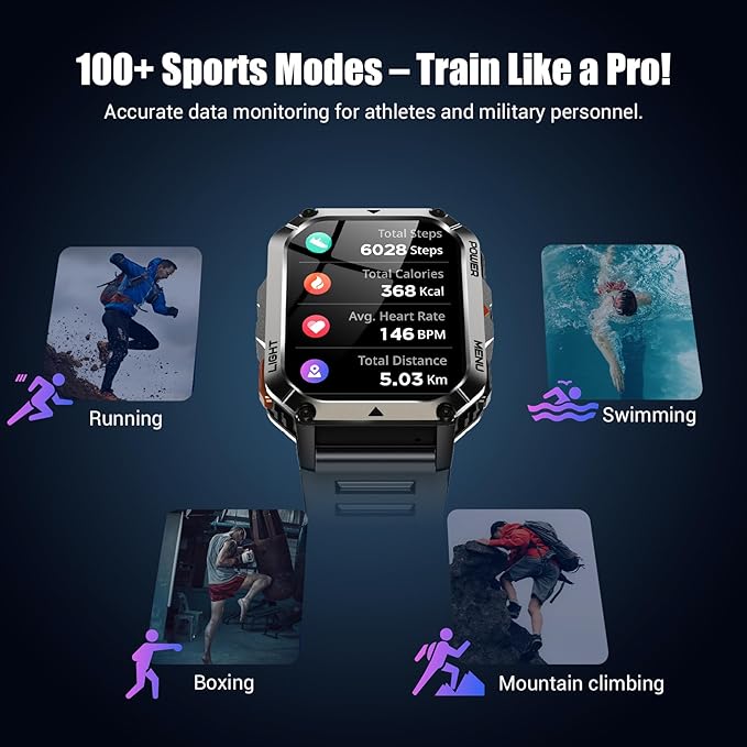 Military Tactical Smart Watches for Men, 100-Day Battery Rugged Fitness Watch with Compass & Flashlight, Sports Watch for Android with 2.01" HD Display AI Voice, IP68 Waterproof Smartwatch (Black)