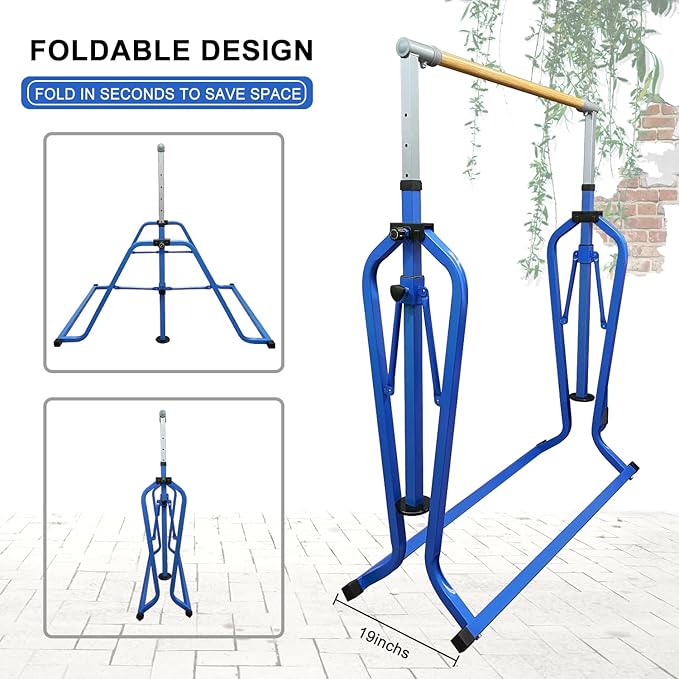 Foldable & Moveable Gymnastics Horizontal Bar with Rings,3’to 5’Adjustable Height Expandable Junior Kip Bar for Home,Indoor Gym Equipment for Kids