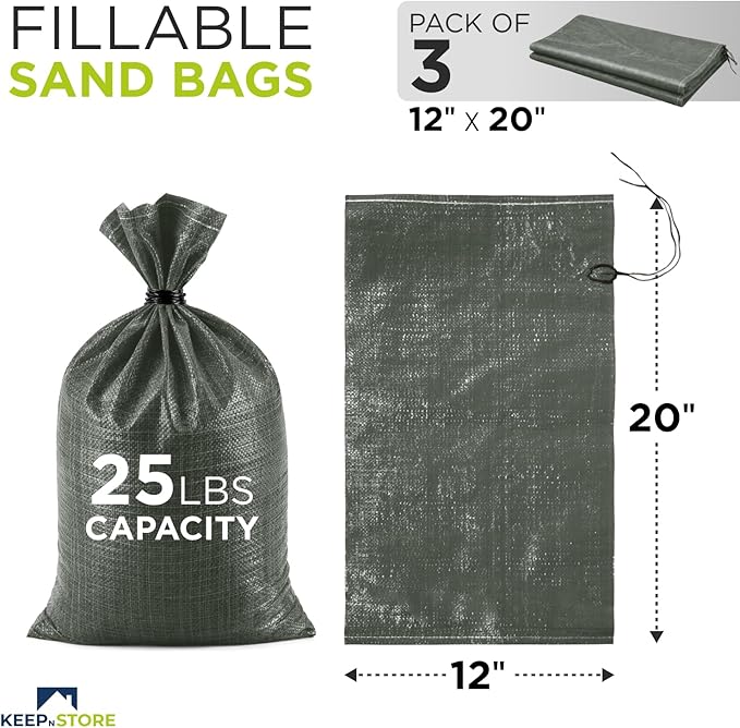 Heavy Duty Sand Bags Pack of 3, Army Green Empty Sandbags with Built-In Ties, Woven Polypropylene UV Protection 1600 Hours, Fillable Bags for Flood Control, Weight, 12x20 inches, 25 Pounds Volume