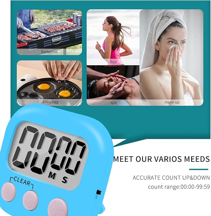 6 Pack Small Digital Kitchen Timer Magnetic Back and ON/Off Switch,Minute Second Count Up Countdown (Blue)