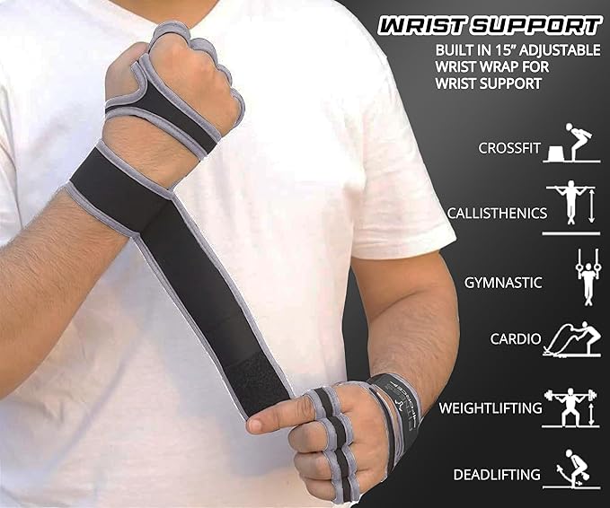 FITNESS FORCE Ventilated Weightlifting Gloves Workout Gloves for Men & Women with Built-in Wrist Wraps Fingerless Gym Gloves for Men Perfect for Exercise Fitness, Weight Lifting, Cross Training