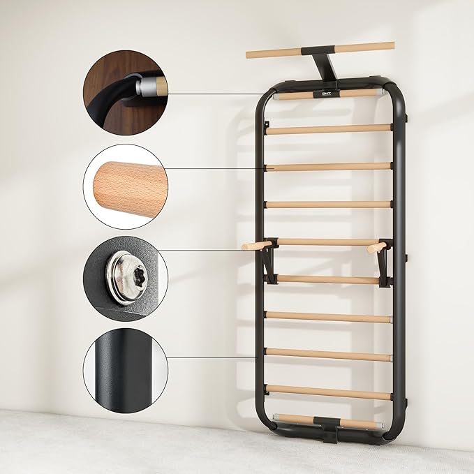DHT Swedish Ladder 2.0, Wood Stall Bar with Suspension Trainer Straps, Pull-Up Dip Bar Attachment, 11 Strategic Rods, for Home, School, Physical Therapy and Gymnastics