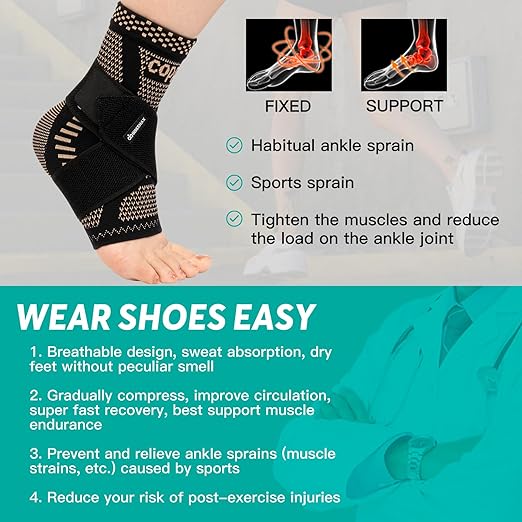 INDEEMAX Ankle Brace for Sprained Ankle Compression Sleeve, 2 Pack Copper Infused Ankle Support Brace for Women & Men, Plantar Fasciitis Relief Achilles Tendonitis, Sports Running, Copper Black, L