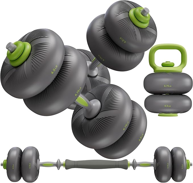 LIFERUN Adjustable Dumbbell Set, Soft PVC Coated, 45lbs/67lbs Free Weight Set Home Gym, 4-in-1 Used As Barbell, Dumbbells, Kettlebell, Weight Plates, Weights Dumbbells Set, Space Saving Fitness Exercise For Men/Women