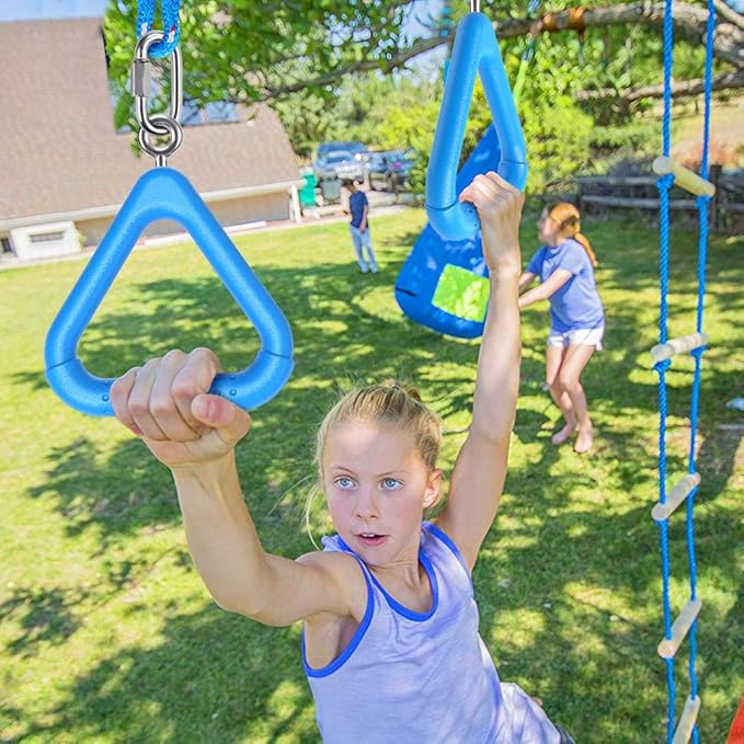 Dolibest 2Pcs Trapeze Swing Bar Rings with Carabiners, Swingset Accessories Outdoor for Ninja Swing Set Accessories Monkey Ring,Obstacle Ring Toys Set for Kids Blue