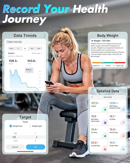 Smart Scale for Body Weight, INSMART Bluetooth Digital Bathroom Scale with BMI, Body Fat, Muscle Mass, High Accurate Large Display 16 Body Composition Weighing Machine Sync with App, 400 lbs (Black)