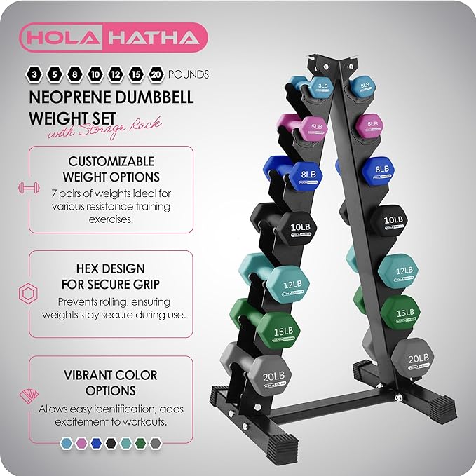 HolaHatha 2, 3, 5, 8, and 10 Pound Neoprene Dumbbell Free Hand Weight Set with Rack, Ideal for Home Exercises to Gain Tone and Definition, Pastel