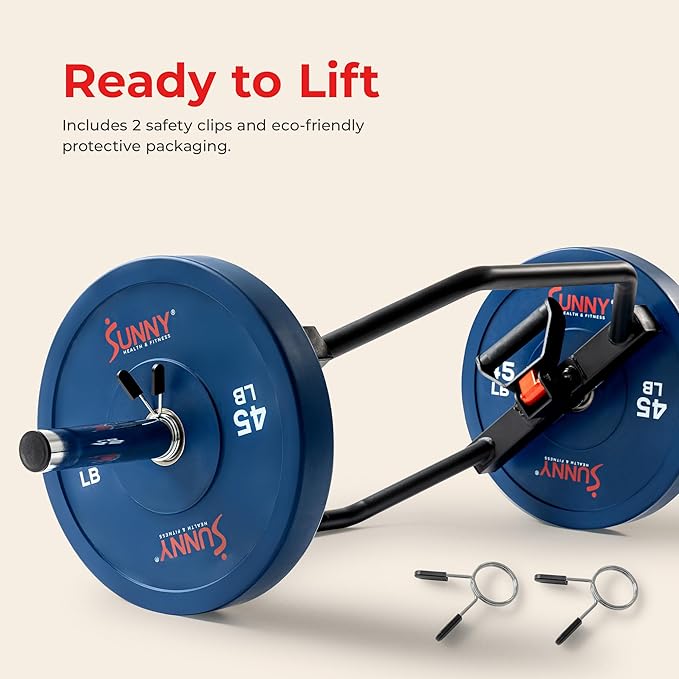 Sunny Health & Fitness Strength Training Olympic Hex Bar Barbell, High Load Capacity, Swivel Handles, Safety Clips, Knurled Handles for Deadlifts, Shoulder Presses, Shrugs, Back Rows, Weightlifting