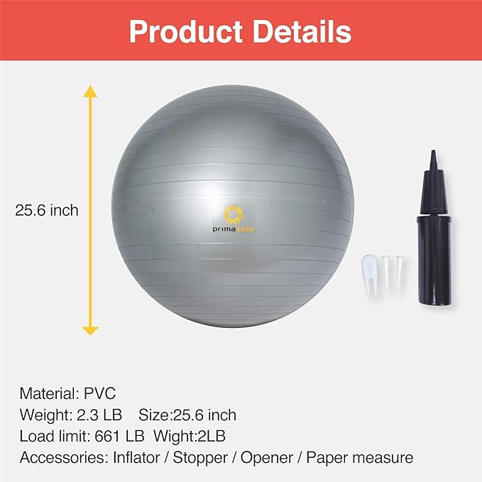 Primasole Exercise Ball for Balance Stability Fitness Workout Yoga Pilates at Home Office & Gym Birthing Ball for Pregnancy, Office Ball Chair