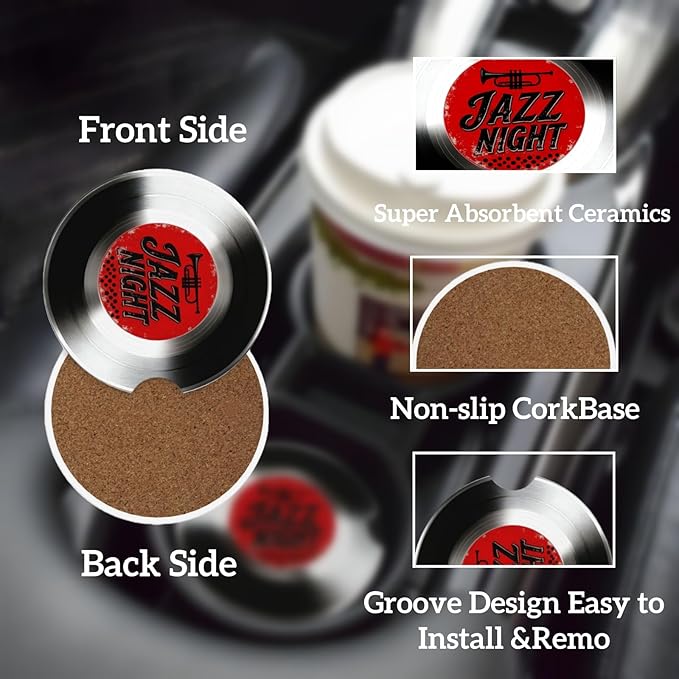 Car Cup Holder Coasters, 2 Pcs Ceramic Coasters with Finger Slot and Cork Back, Anti-Slip Shock Absorbing Women and Men Universal Car Accessories - Jazz Night