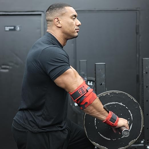 PR Personal Record Elbow Wraps for Weightlifting - Heavy Duty Construction, 25% More Elasticity, Reinforced Stitching, Extra Wide Fastener, Easy to Adjust, (Red Camo)