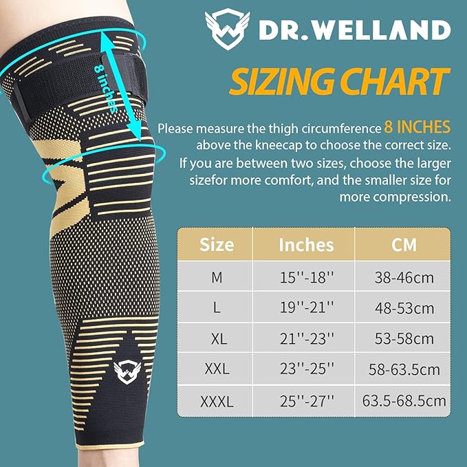 Dr.Welland Leg Sleeves (PAIR) Copper Infused for Arthritis,Meniscus Tear, ACL, MCL, Joint Pain Relief - Thigh & Calf Support